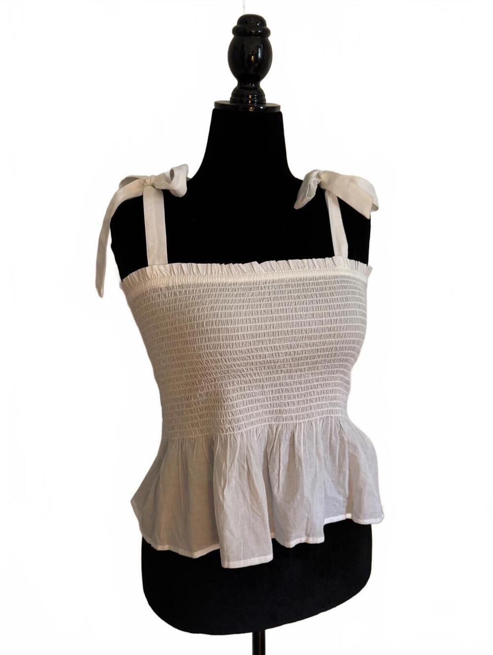 J.Crew White Smocked Peplum Tank Top with Tie Straps Size M
